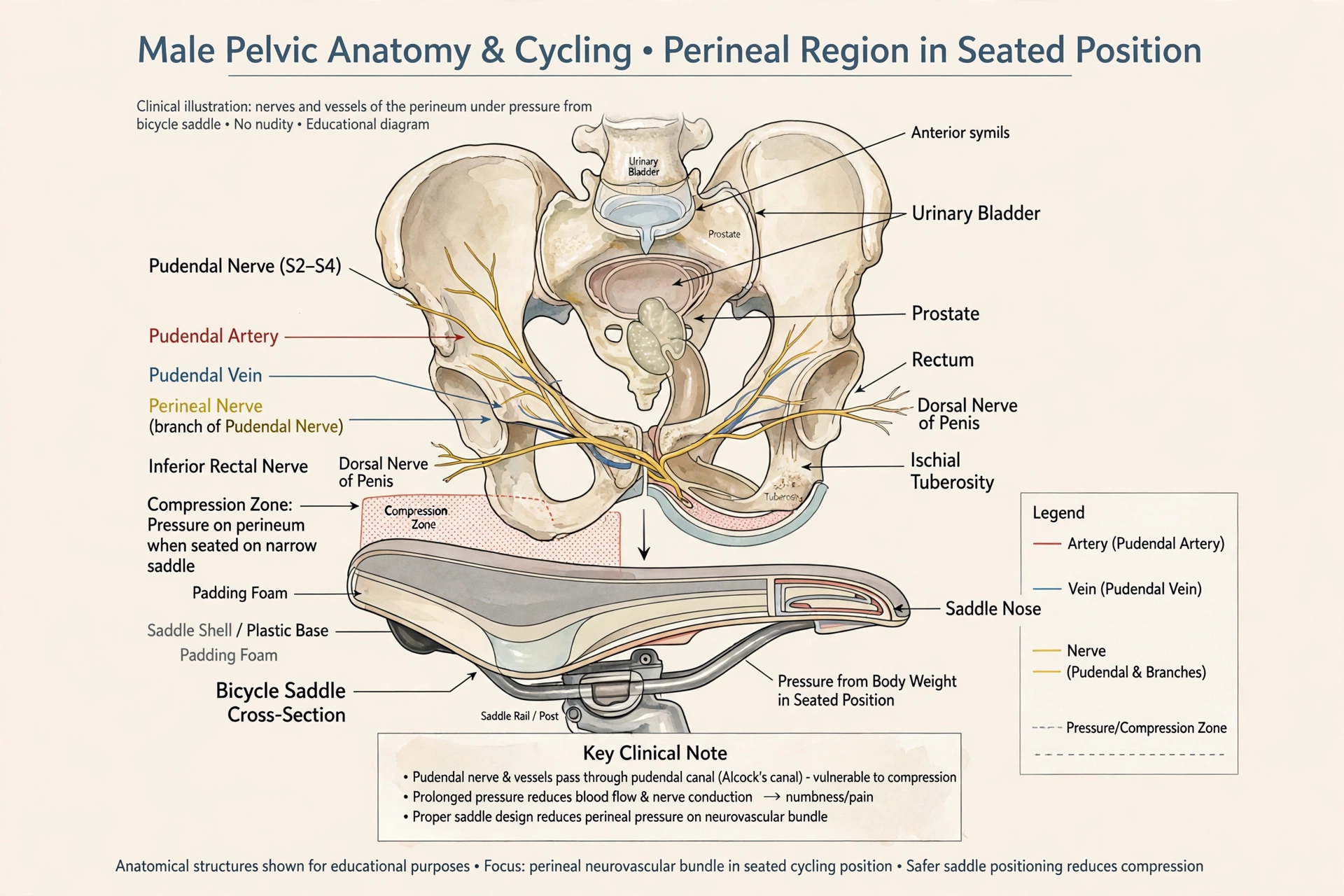 Clinical illustration of male pelvic anatomy showing the nerves and blood vessels that a bicycle saddle can compress — does cycling cause erectile dysfunction