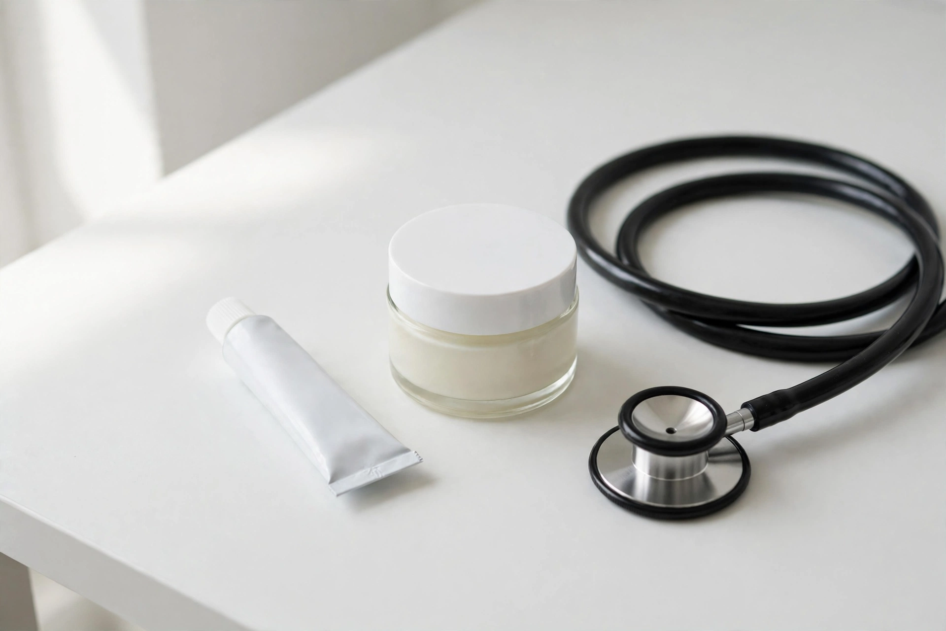 Medicated ointment tube and cream jar beside a stethoscope on a clinical desk, representing lichen sclerosus treatment