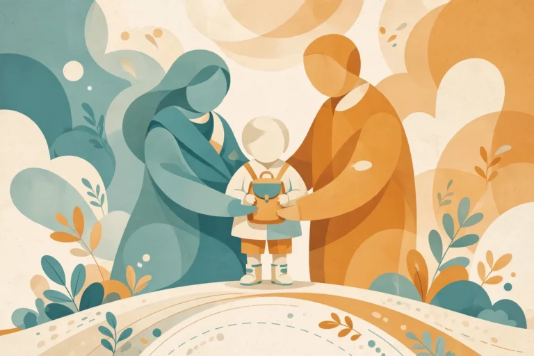 Editorial illustration of a child with a backpack standing between two abstract parent figures, representing co-parenting strategies during family transitions