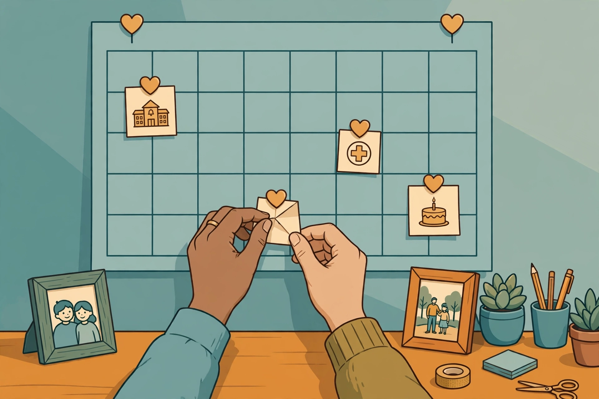 co-parenting - Illustration of two hands pinning a heart-shaped note on a shared family wall calendar with school, medical, and birthday markers