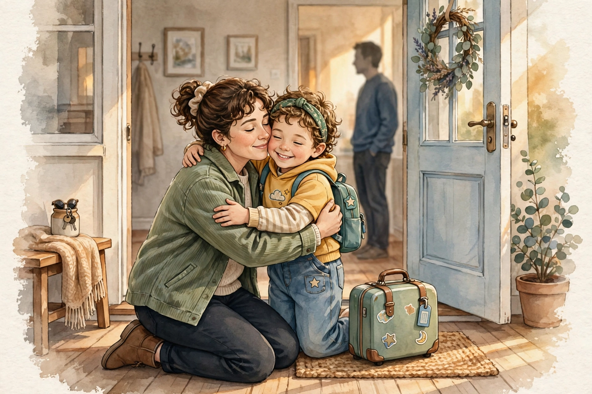Illustration of a mother kneeling to hug a smiling child with a small suitcase at a front door during a calm co-parenting handoff