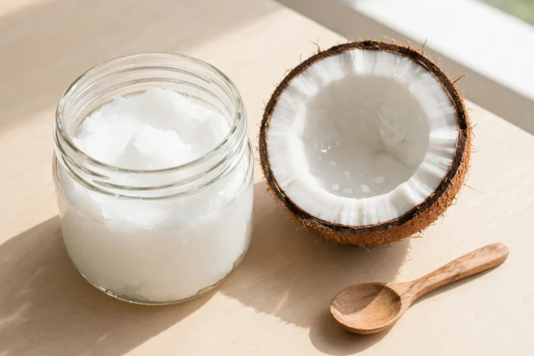 Glass jar of solid white coconut oil beside a fresh cracked coconut half and a wooden spoon on a sunlit table — is coconut oil safe as lube?