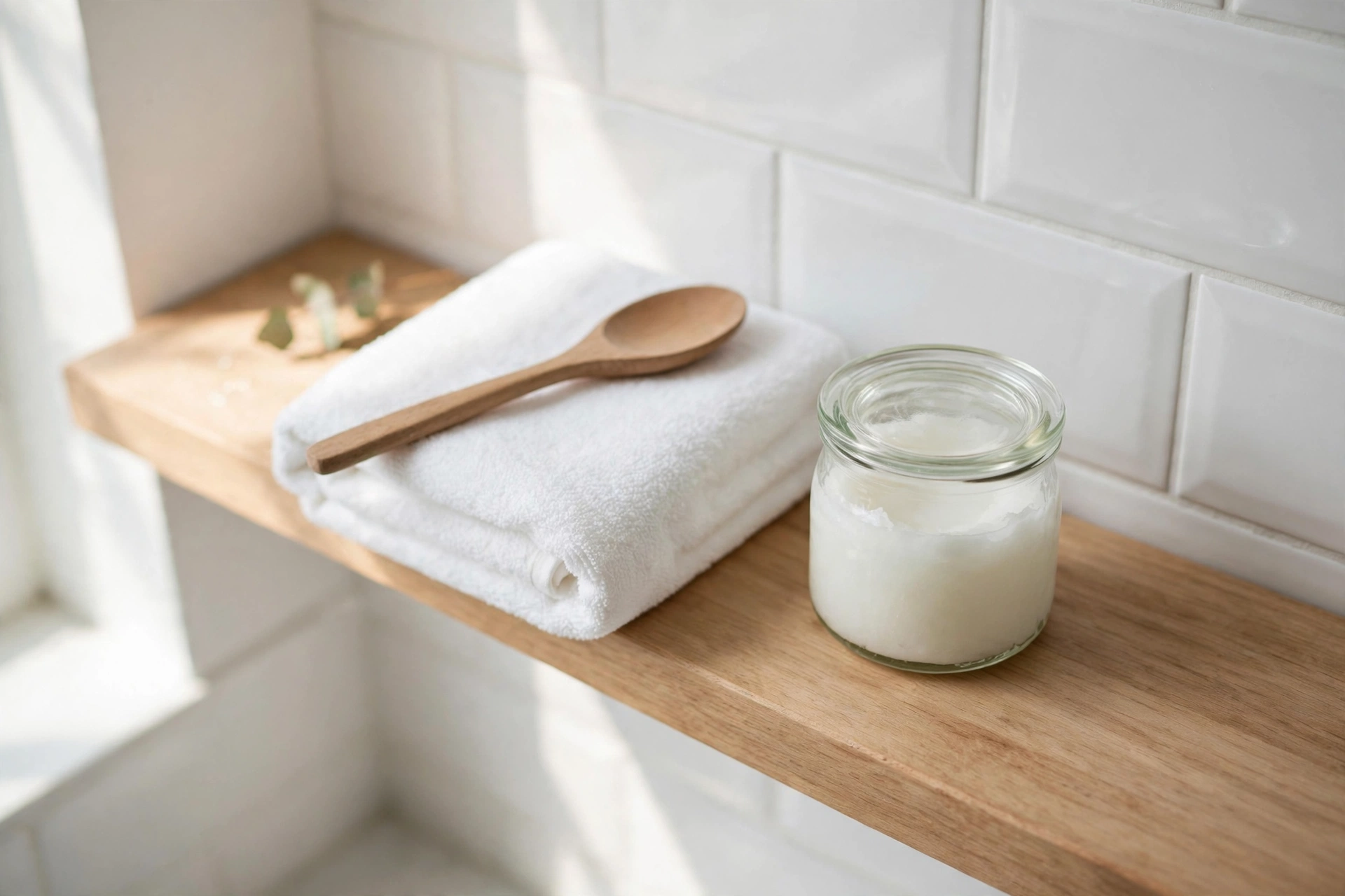 A clean closed glass jar of coconut oil with a wooden spoon resting on a folded white towel on a bright bathroom shelf