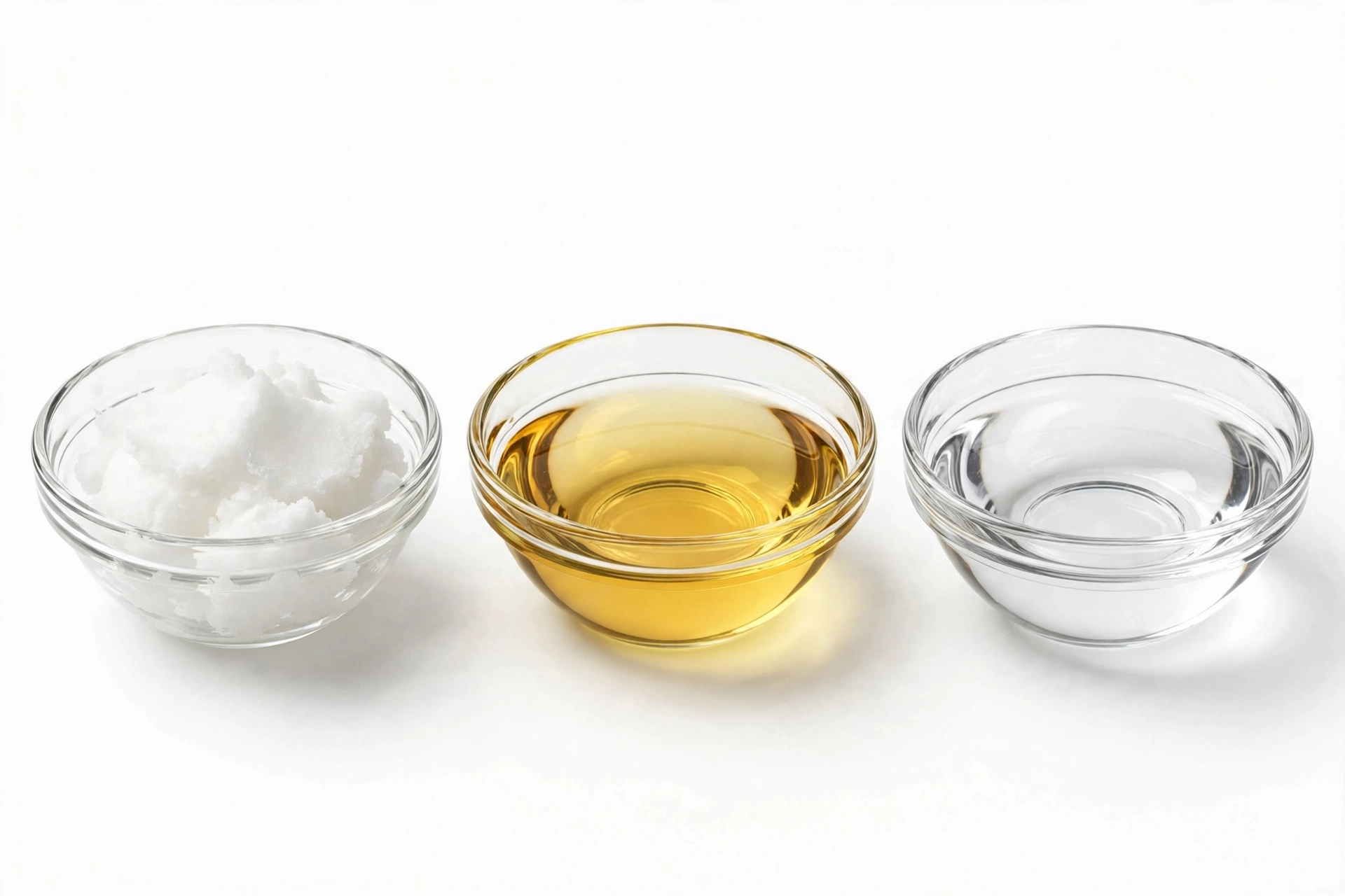 Three glass bowls showing solid virgin coconut oil, golden refined coconut oil, and clear liquid fractionated coconut oil side by side