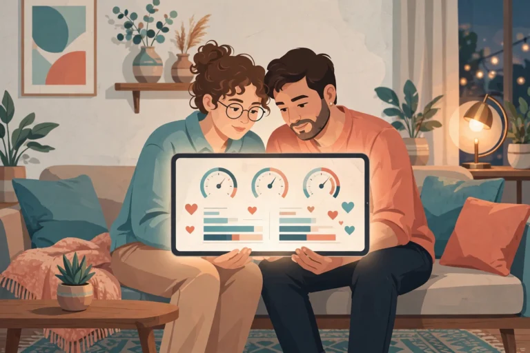 Illustration of a couple on a sofa reviewing a communication health dashboard on a tablet, showing gauges, bar charts and hearts — relationship communication made visible