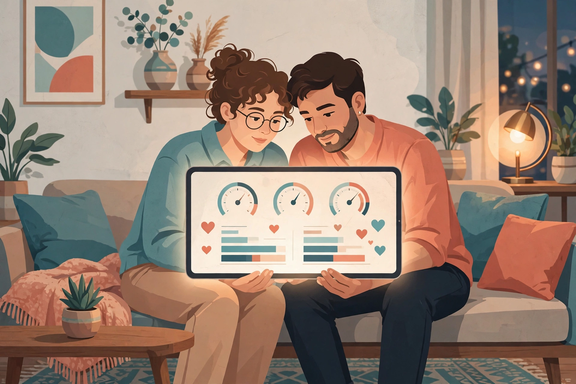 Illustration of a couple on a sofa reviewing a communication health dashboard on a tablet, showing gauges, bar charts and hearts — relationship communication made visible