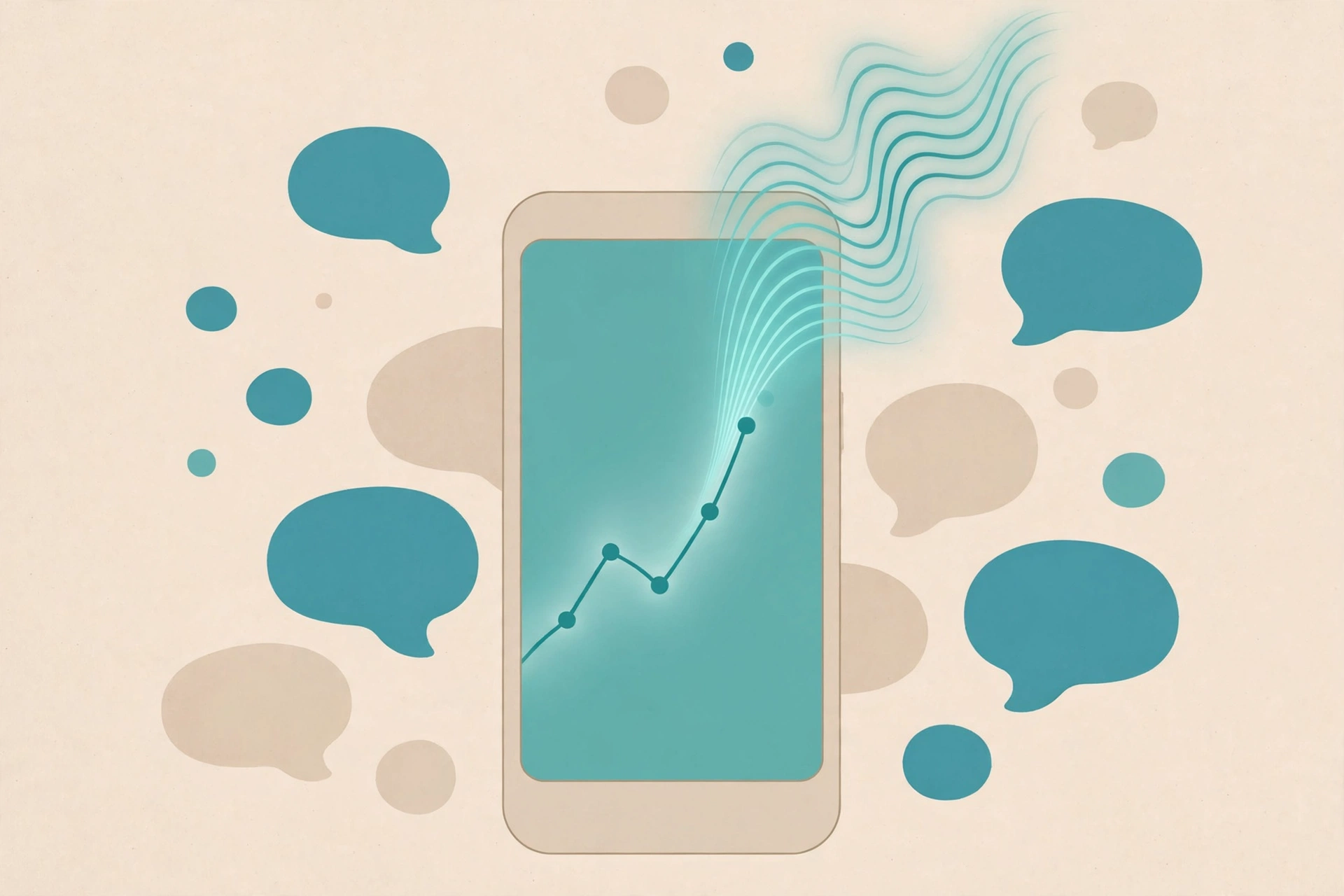 relationship communication - Abstract illustration of a smartphone displaying a rising conversation chart surrounded by speech bubbles, symbolizing AI-assisted communication insights for couples