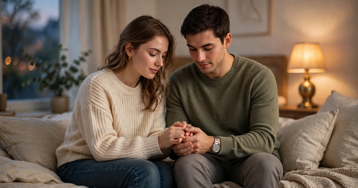 Couple holding hands in warm bedroom light, illustrating how condoms and sexual pleasure go together with safer sex