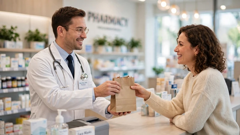Pharmacist handing a health-care bag to a customer at a pharmacy counter