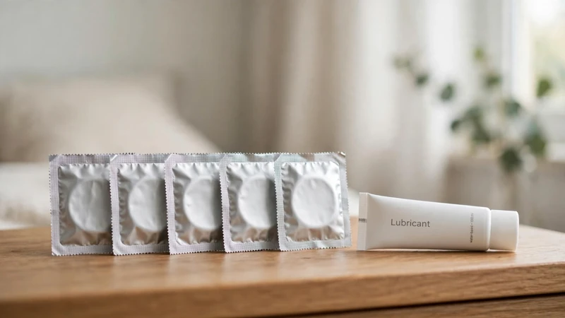 Sealed condom packets and a plain lubricant tube on a bedside table