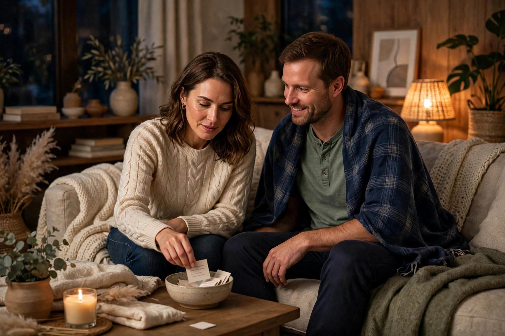 A couple sitting on a couch drawing conversation question cards from a ceramic bowl during a phone free date night for couples