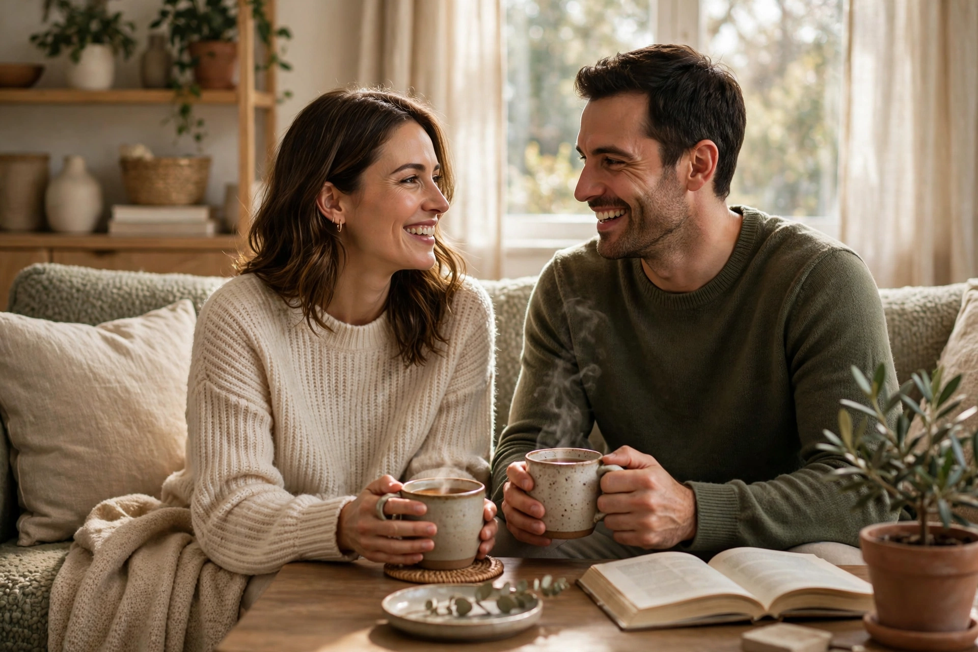 Happy couple talking warmly over tea on their couch during a couples emotional check in routine