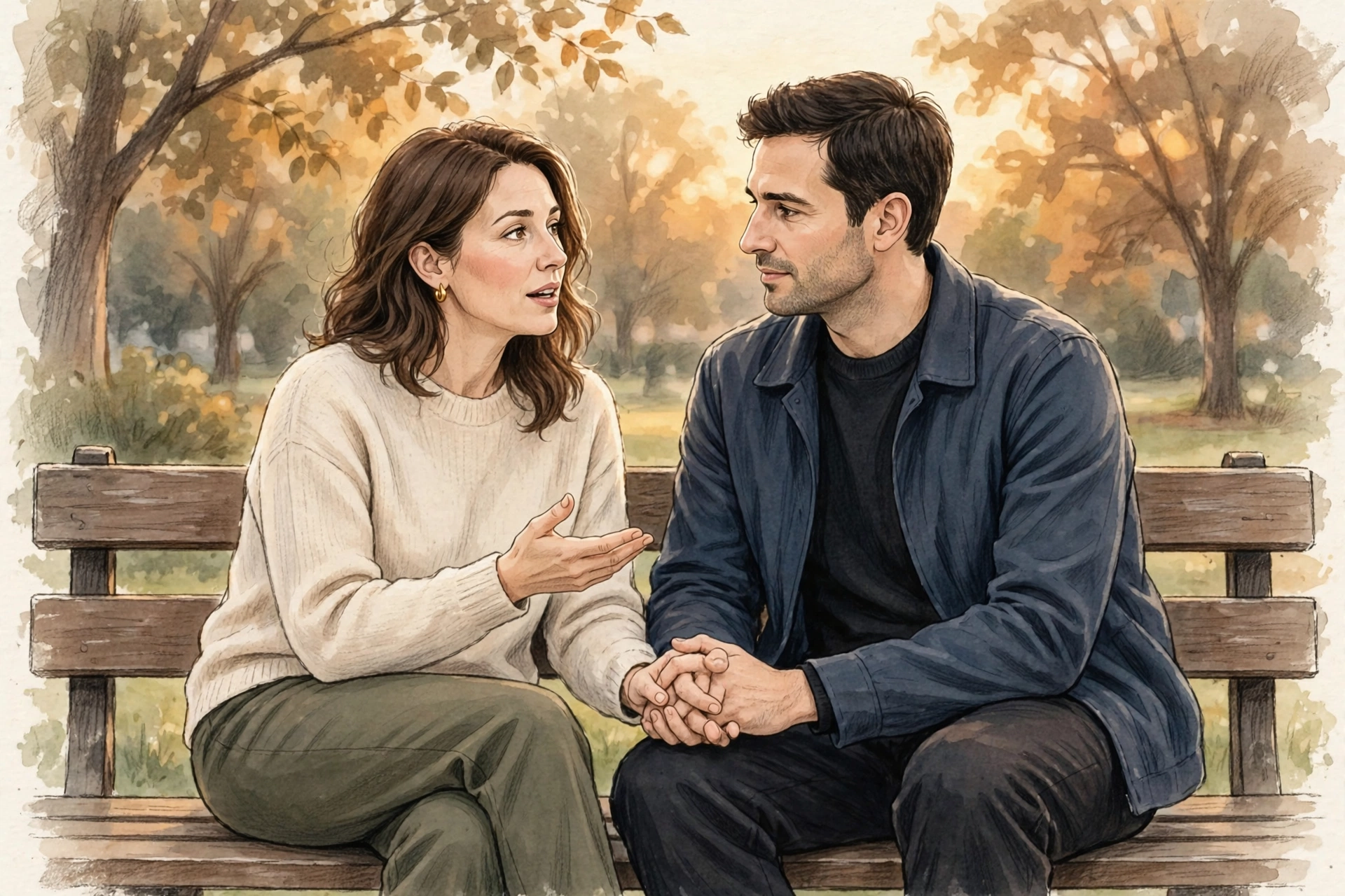 Illustration of a couple holding hands and listening to each other on a park bench, practicing active listening during an emotional check-in