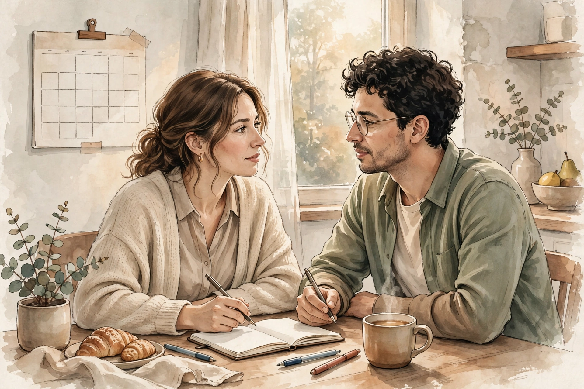 Illustration of a couple reviewing a notebook and calendar together as part of their weekly relationship check-in routine