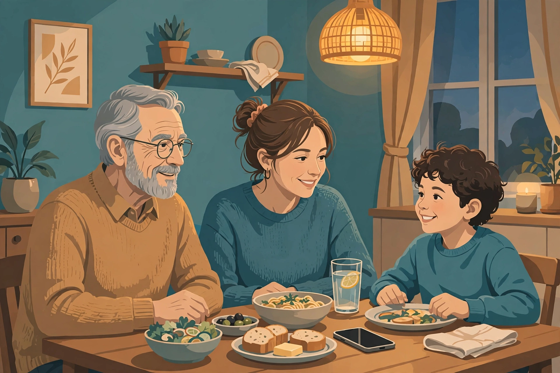 Illustration of a grandfather, mother, and young boy sharing a calm dinner together with a smartphone placed face-down on the table, modeling device-free family time