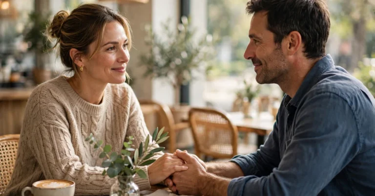 A couple in their 40s holding hands across a sunlit cafe table, smiling warmly, representing dating after divorce intimacy