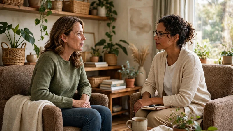 A woman in her 40s speaking with a therapist in a warm, plant-filled counseling office about divorce recovery