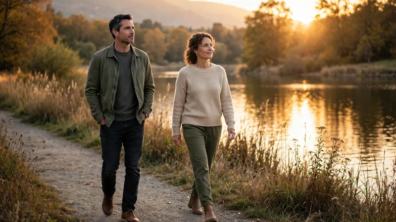 A couple in their 40s walking side by side on a lakeside path at sunset, symbolizing new beginnings at your own pace