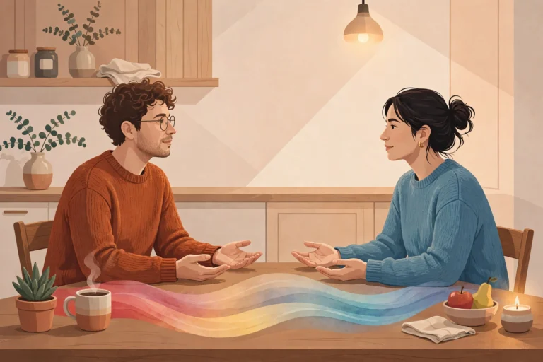 de-escalation - Editorial illustration of a couple calmly de-escalating a domestic disagreement at a kitchen table, with tension symbolically cooling from red to blue