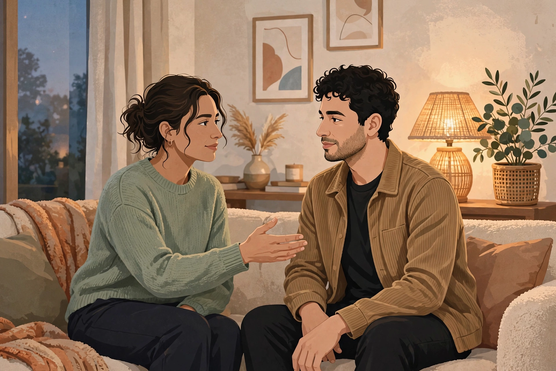 de-escalation - Tasteful editorial illustration of a couple sitting together on a couch in warm evening light, gently reconciling after a disagreement