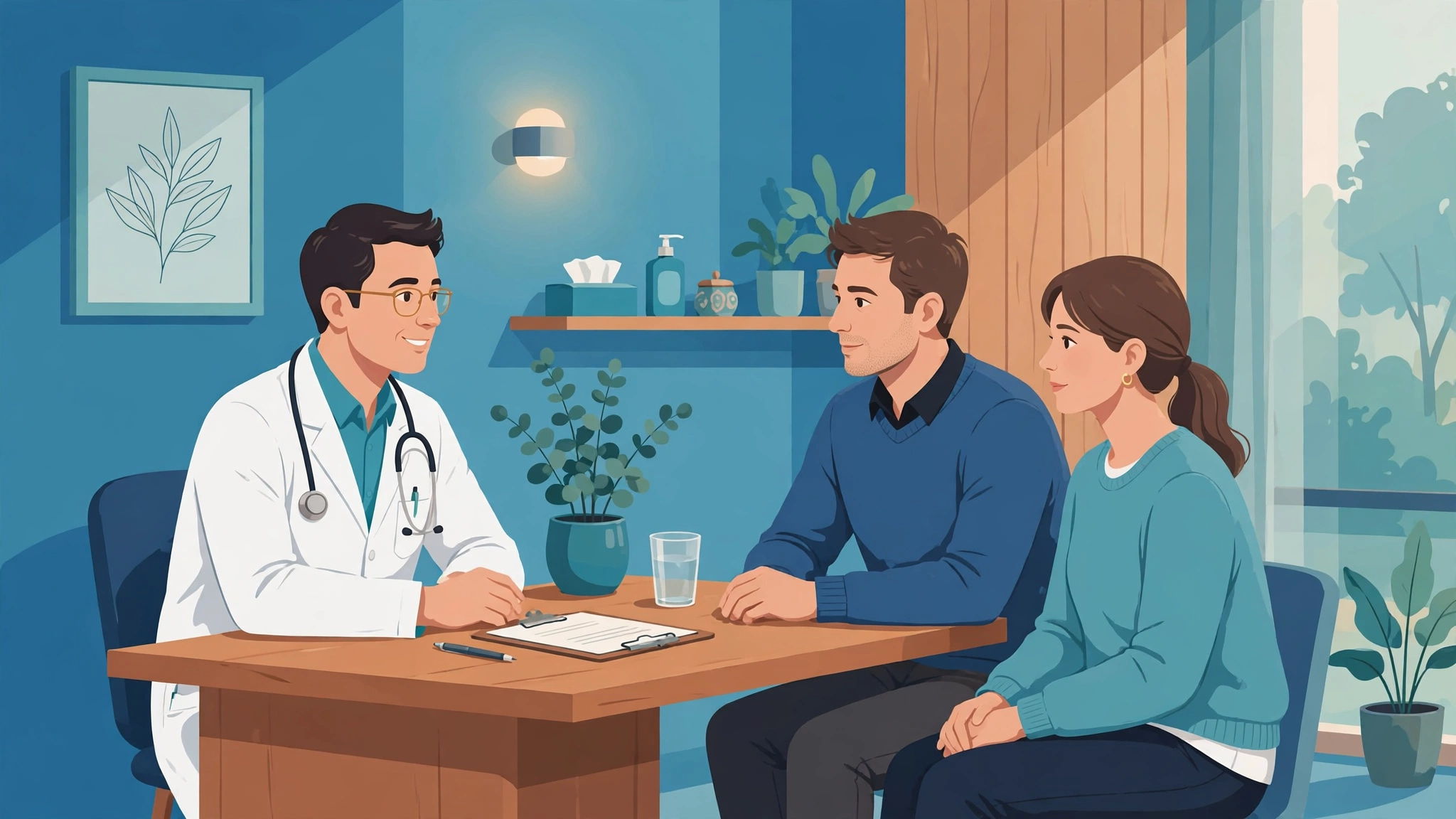 Couple consulting a doctor about delayed ejaculation treatment options