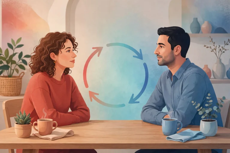 Editorial illustration of a couple seated across from each other at a table, with a circular red-and-blue arrow diagram between them representing the demand withdraw cycle