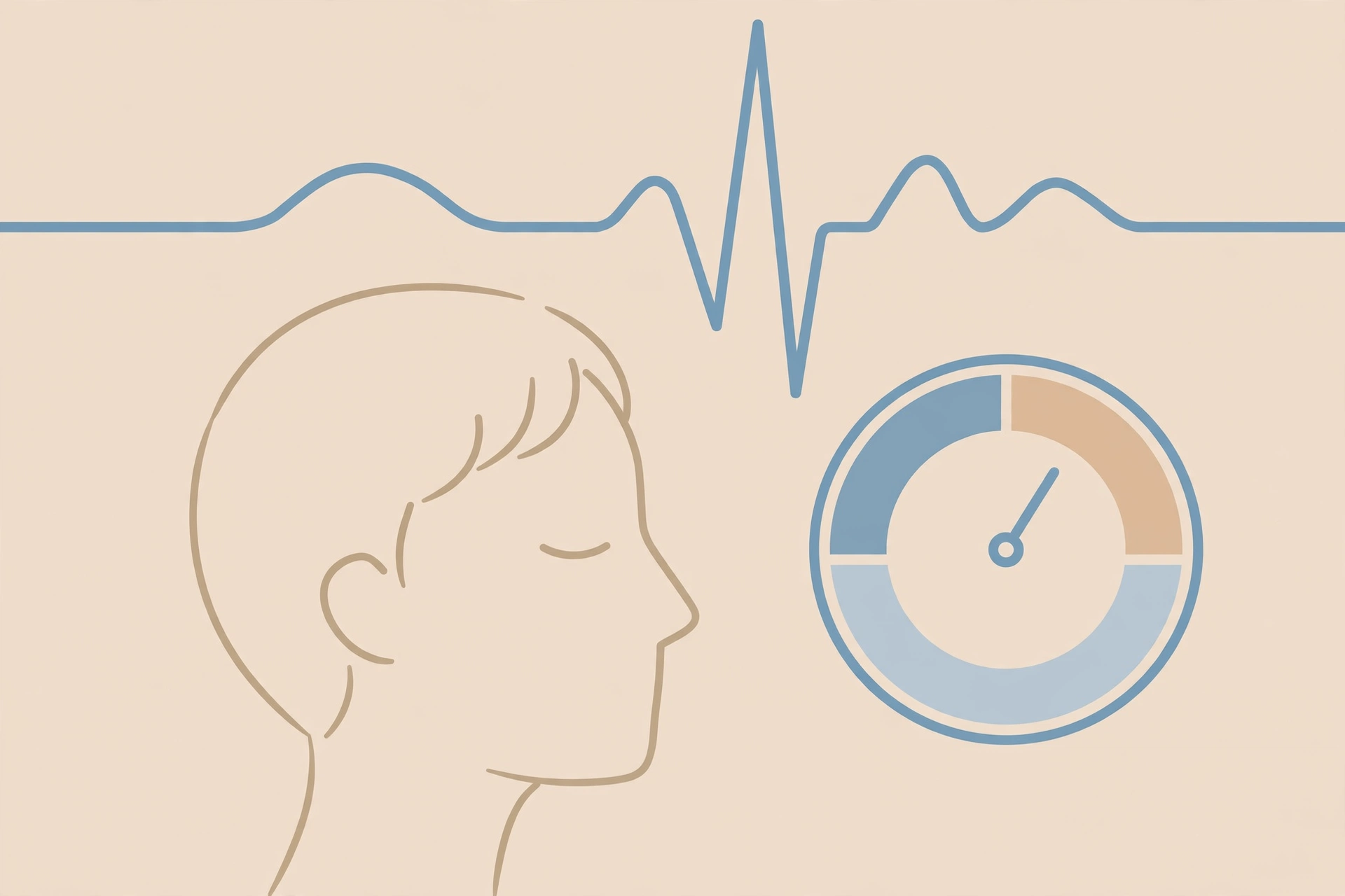 demand withdraw cycle - Line illustration of a head in profile with a rising heart-rate pulse line and a circular stress gauge, illustrating emotional flooding during conflict