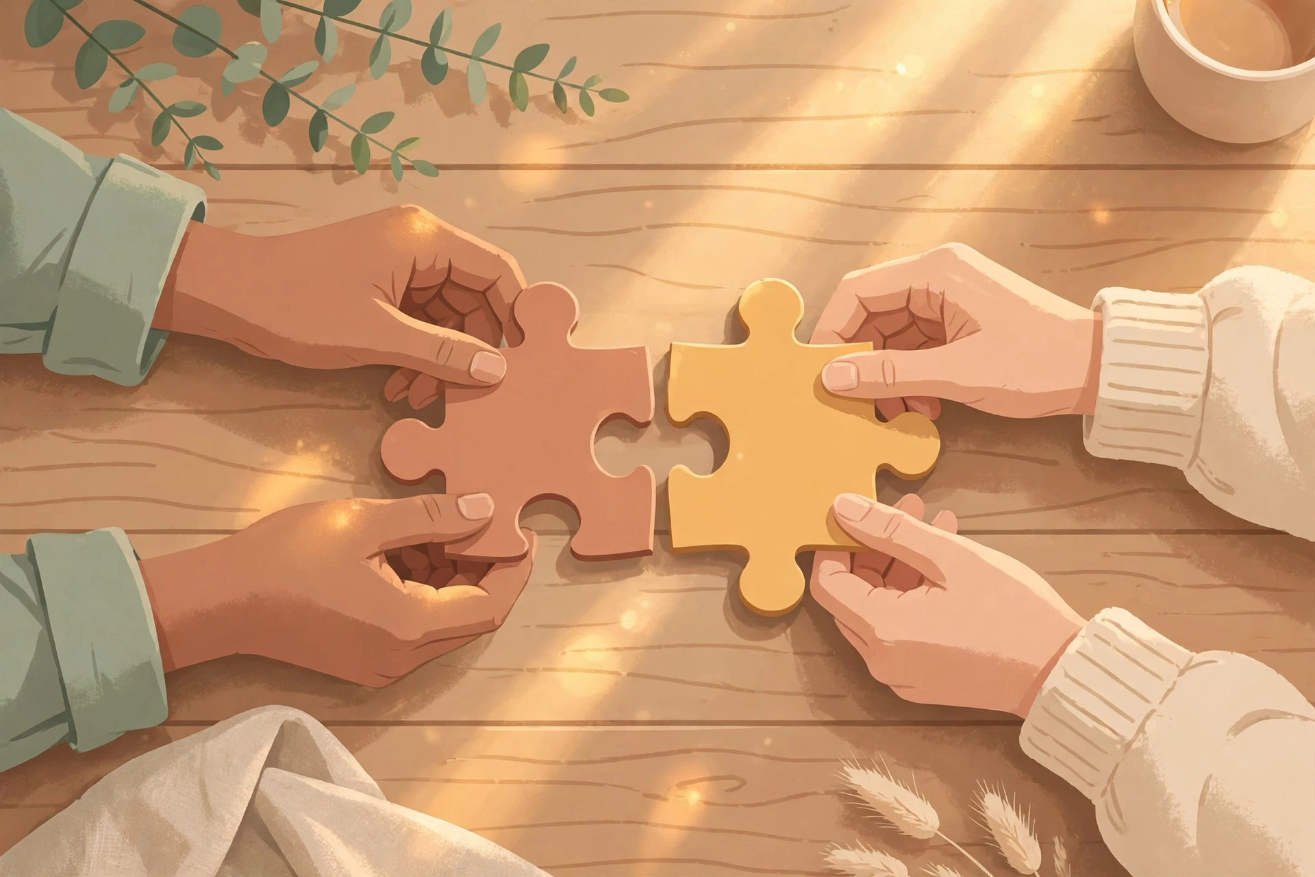 demand withdraw cycle - Illustration of two pairs of hands gently fitting two puzzle pieces together on a wooden table in warm light, symbolizing repair after conflict