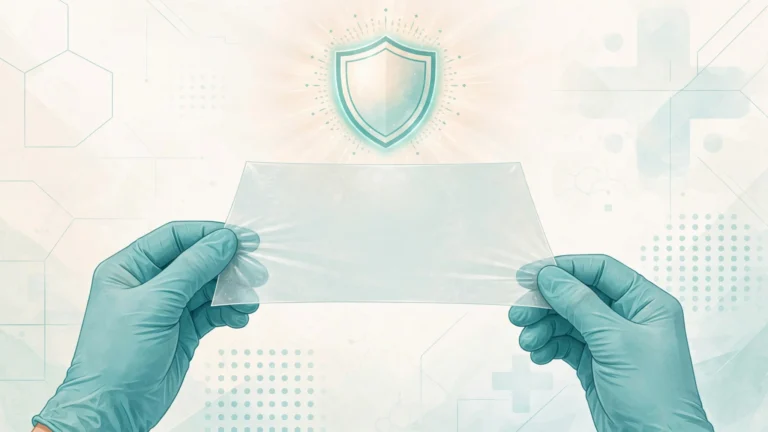 Illustration of gloved hands holding a translucent dental dam sheet with a shield symbol, representing safer oral sex protection