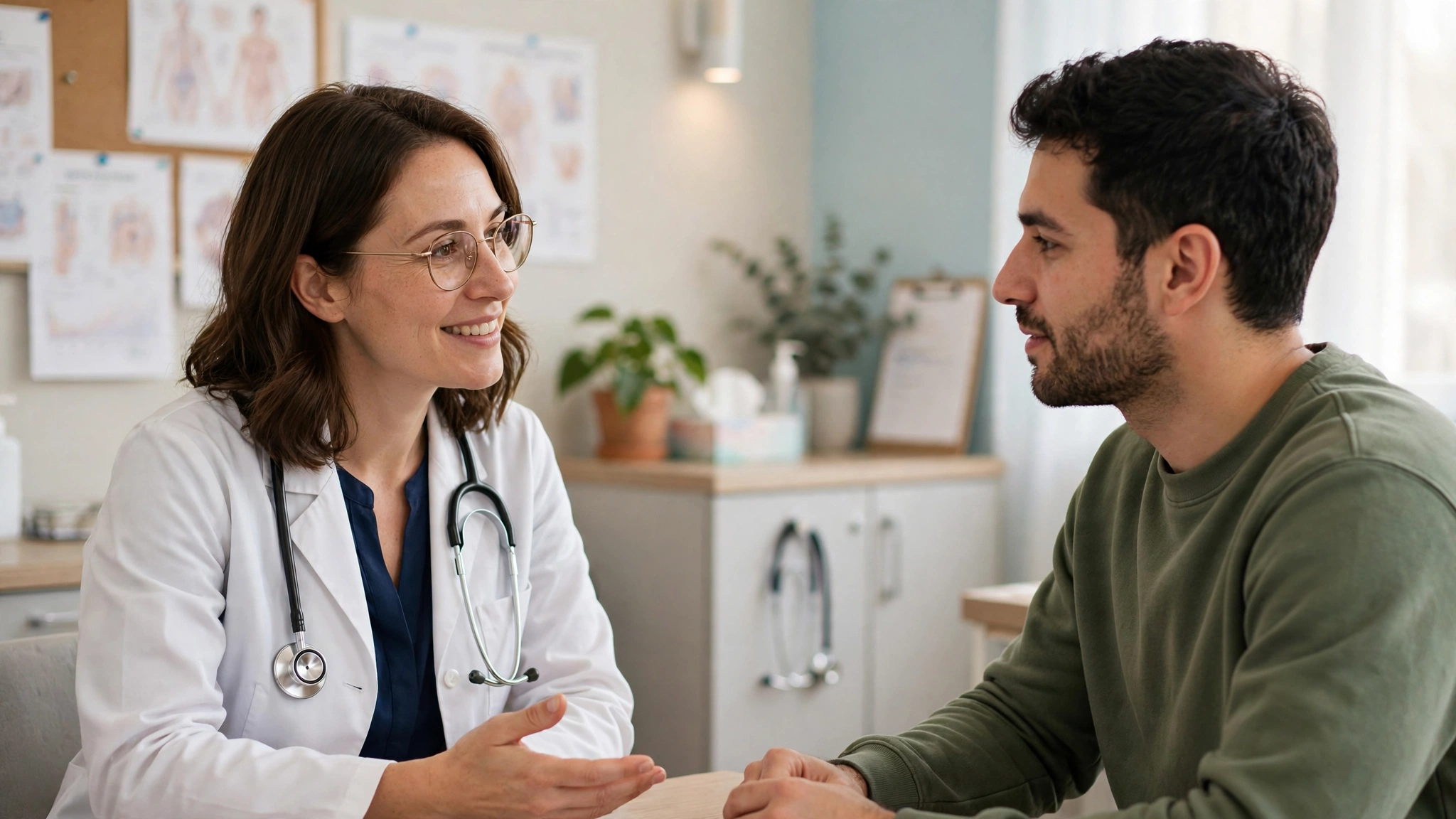 Doctor explaining dental dams safer oral sex protection to a patient in a clinic.
