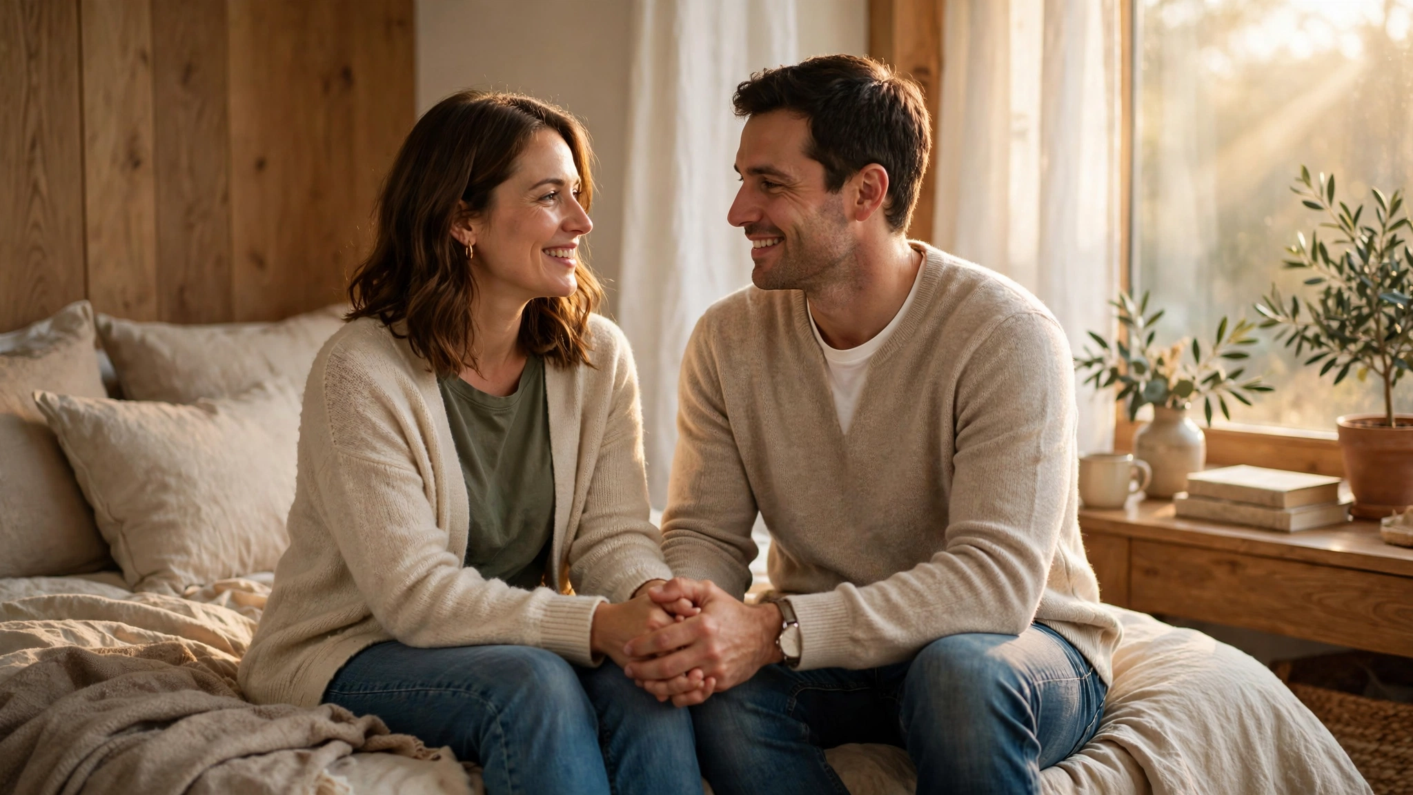 Couple holding hands and talking in warm morning light about safer sex together.