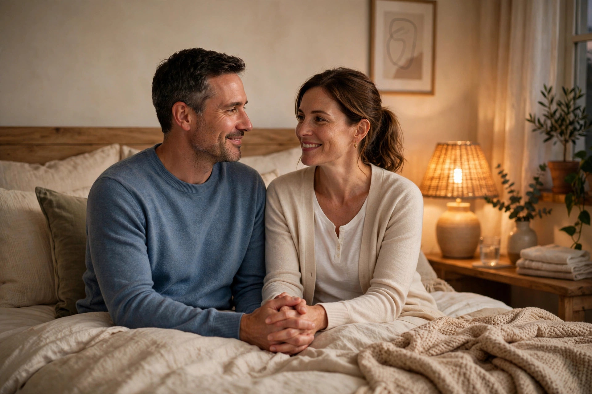 Couple holding hands in warm light, supporting each other through diabetes-related intimacy changes