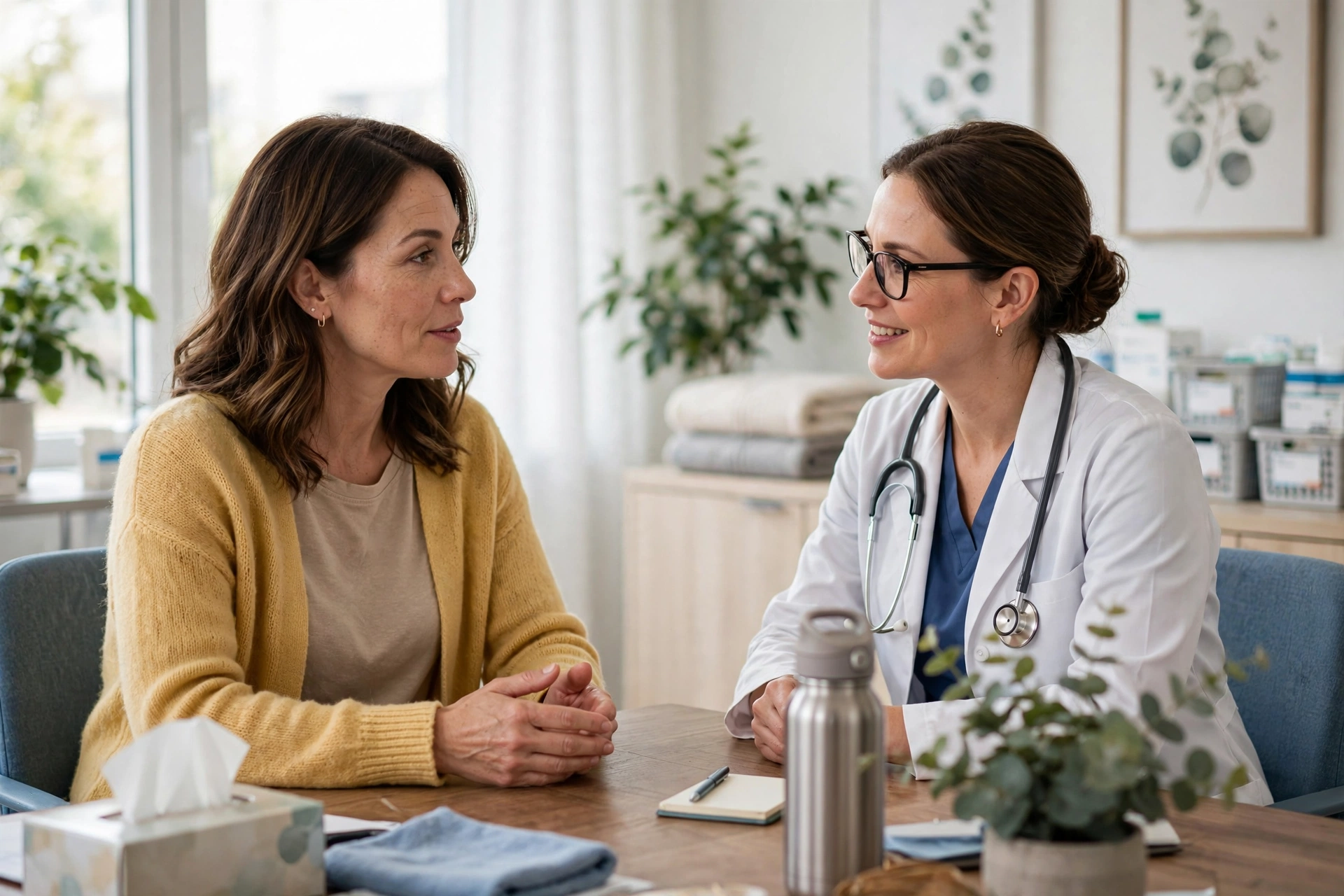 Woman discussing intimacy concerns with her doctor in a medical office