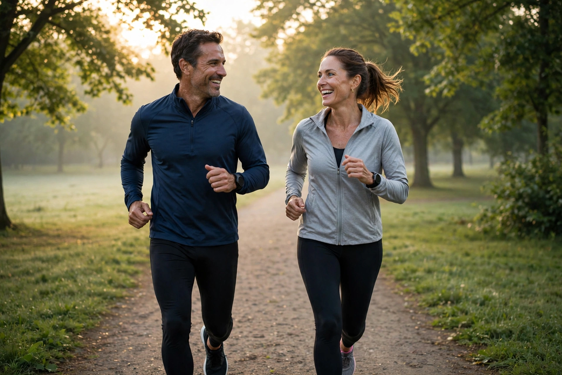 Couple jogging together at sunrise, a healthy lifestyle habit that supports women facing diabetes and female sexual dysfunction