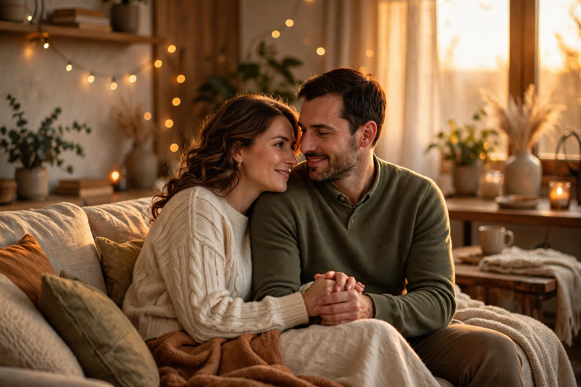 Couple cuddling on a couch in warm golden light, smiling and talking closely