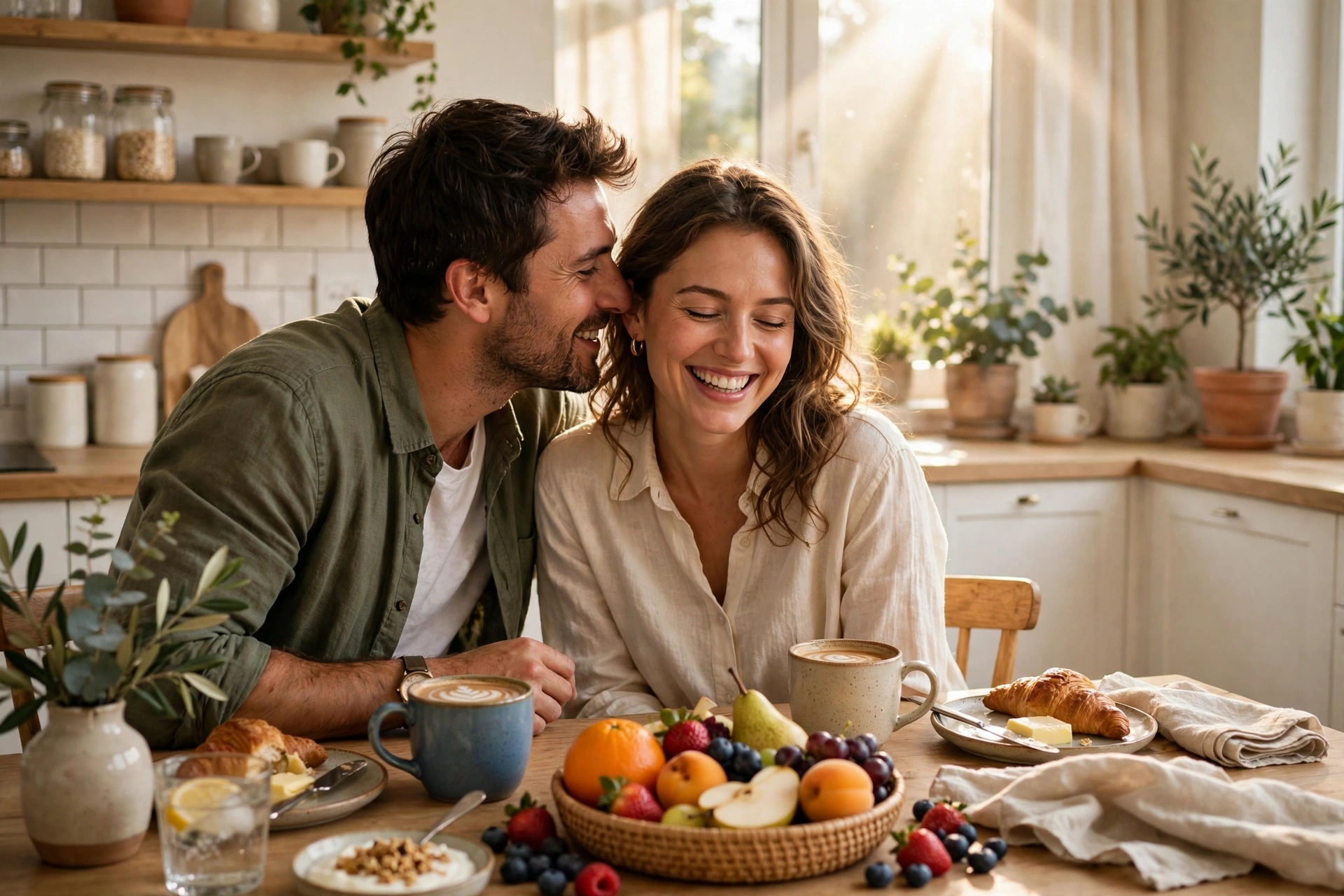 Man whispering playfully into his partner's ear over breakfast in a sunny kitchen — a simple start with dirty talk tips for couples