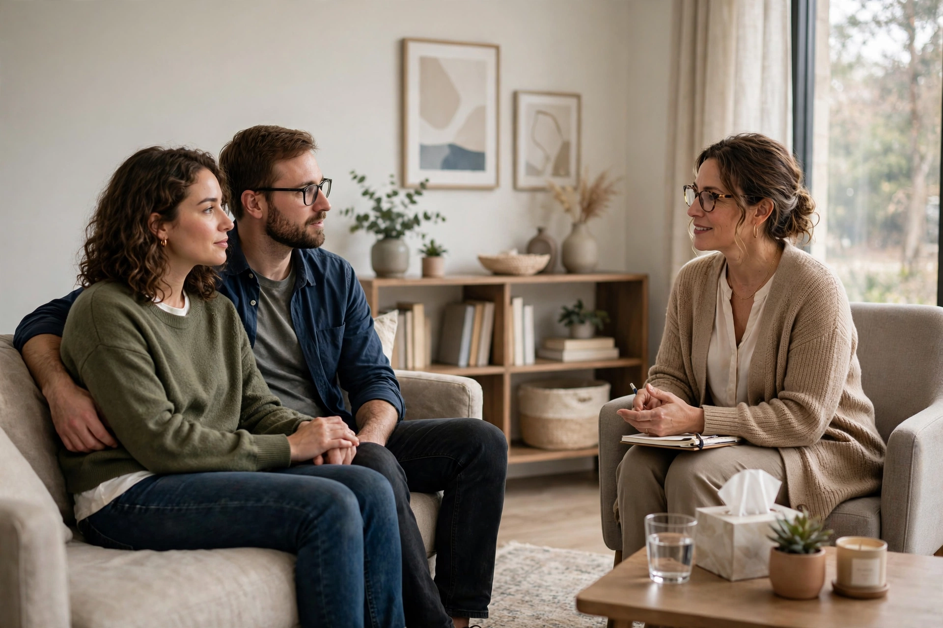 Couple speaking with a counselor in a bright, welcoming therapy office