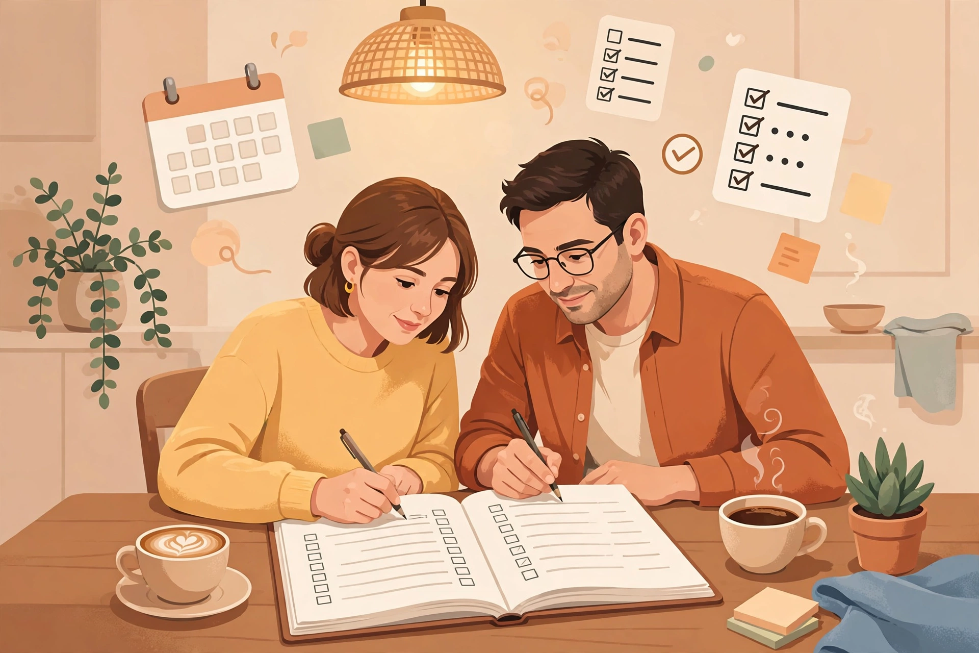 Illustration of a couple writing a shared household chore checklist in a planner notebook at a table with coffee cups, a wall calendar, and checklist icons above them.
