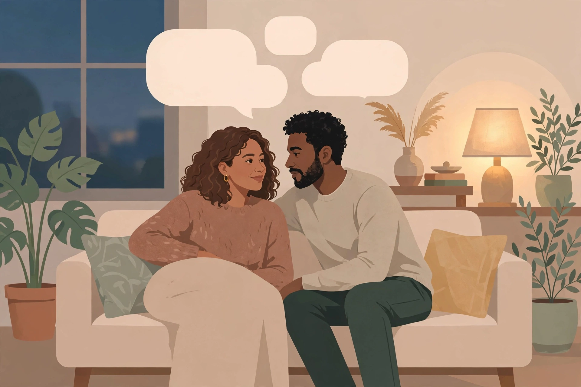 Illustration of a couple having a calm, warm conversation on a living room sofa with dialogue bubbles above them.