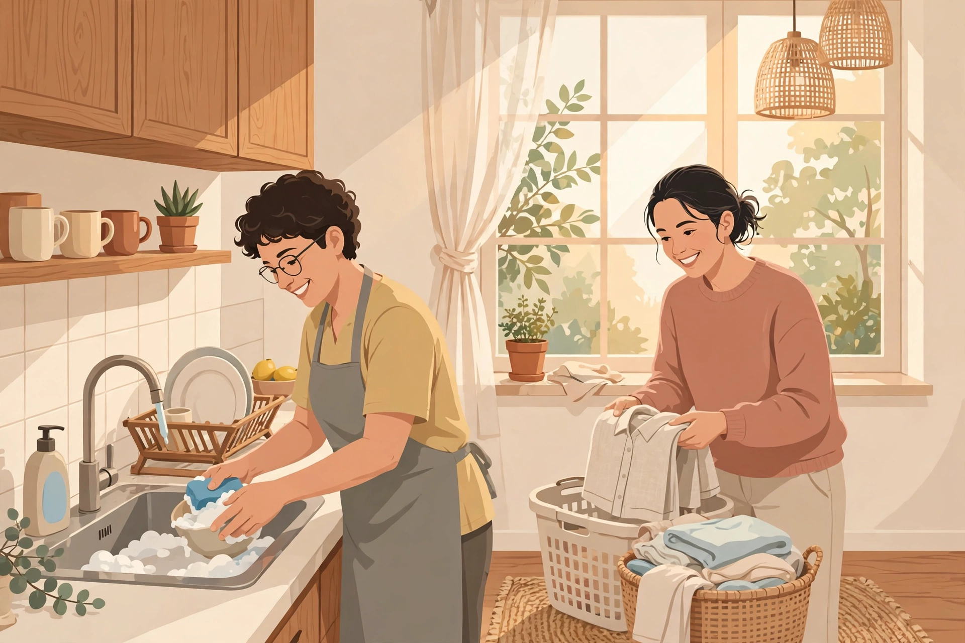 Warm editorial illustration of a couple sharing chores as equals in a sunlit kitchen — one partner washing dishes while the other folds laundry — showing what dividing domestic labor fairly looks like.