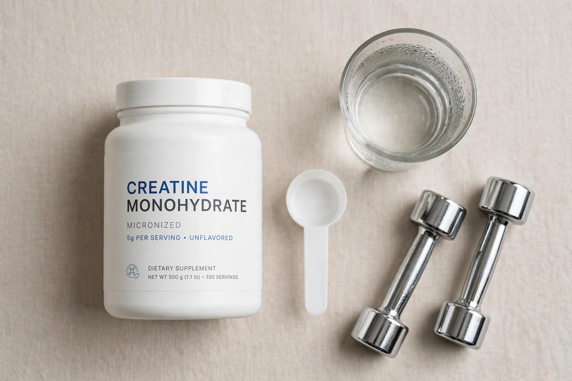 Creatine monohydrate jar, scoop, glass of water, and dumbbells — asking does creatine cause erectile dysfunction