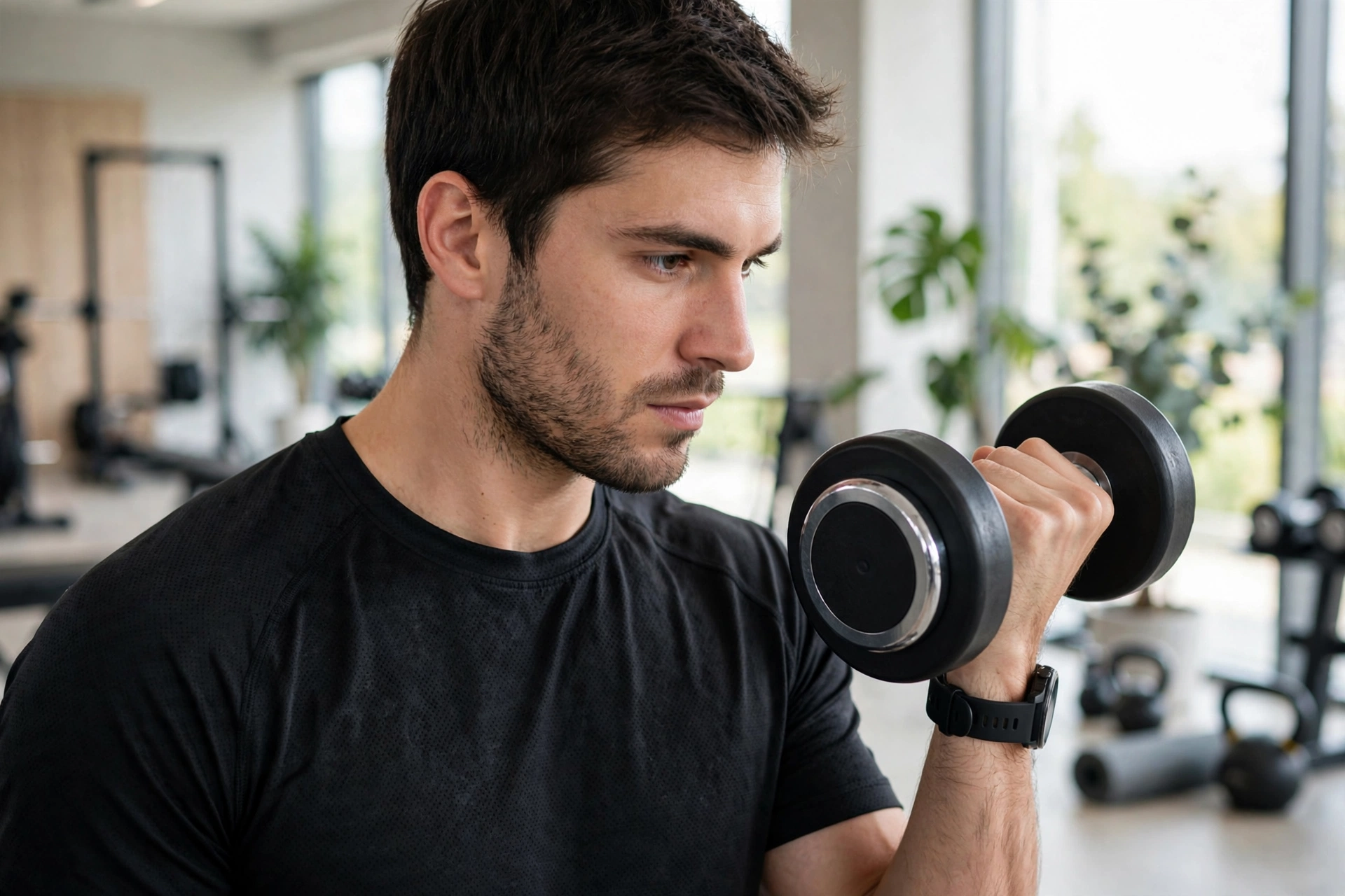 Man training with a dumbbell in a bright gym, illustrating how regular exercise and healthy habits support erectile function — key context for the question: does creatine cause erectile dysfunction?