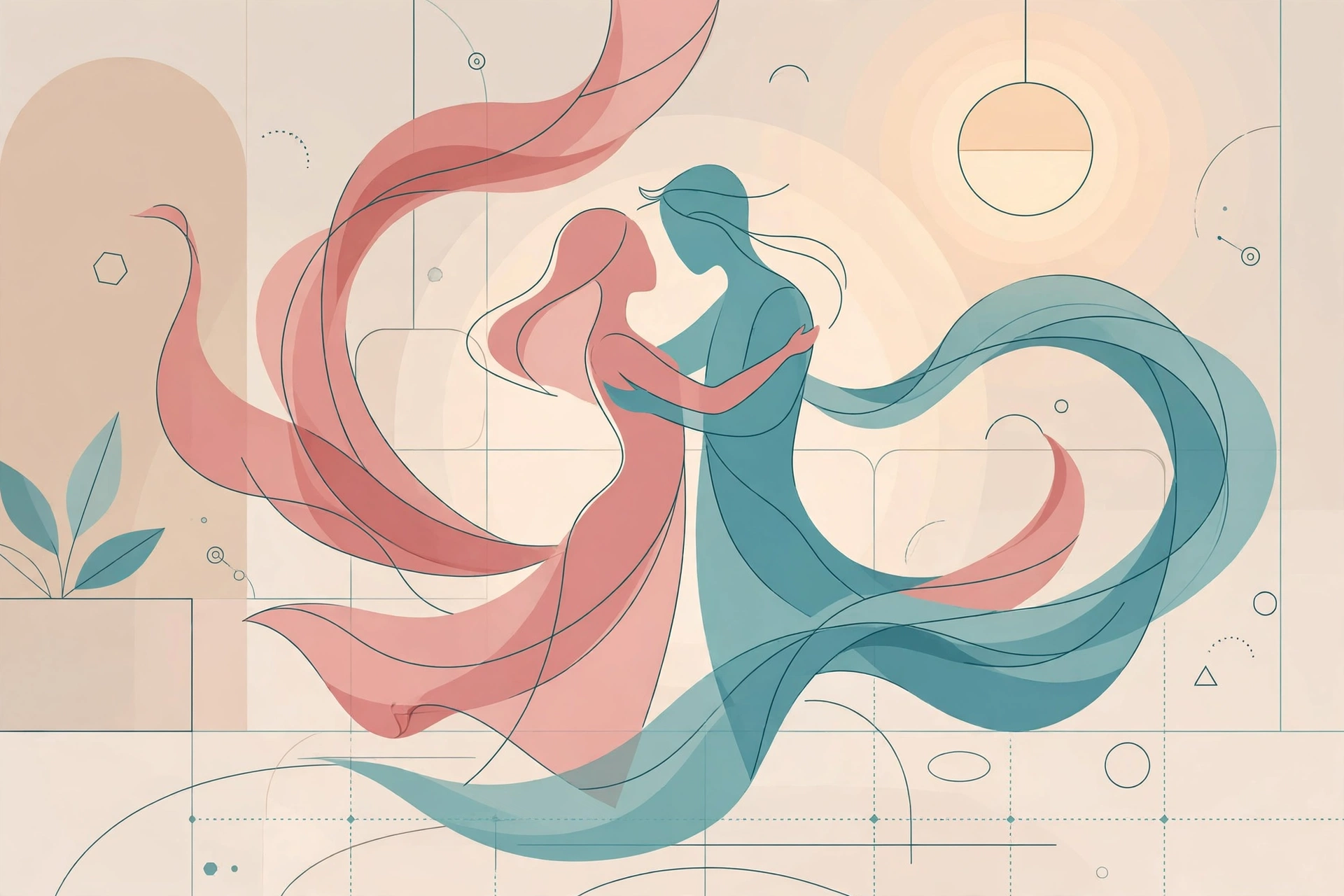 Abstract romantic illustration about trust and rhythm — doggy style tips for couples