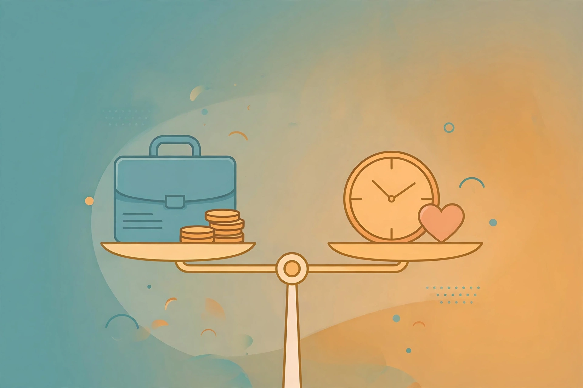Abstract illustration of work-life balance: a scale weighing a briefcase and coins against a clock and a heart