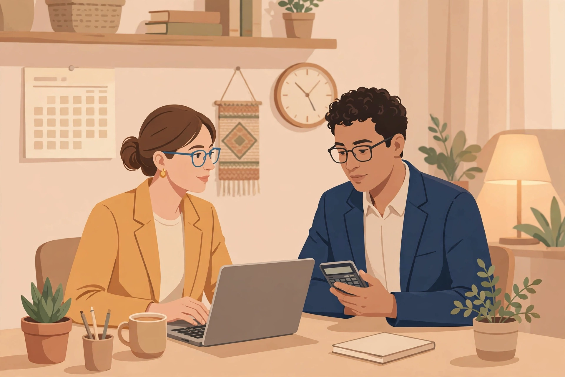 Illustration of dual income couples dynamics: a professional couple reviewing their shared budget together at a home desk with a laptop and calculator