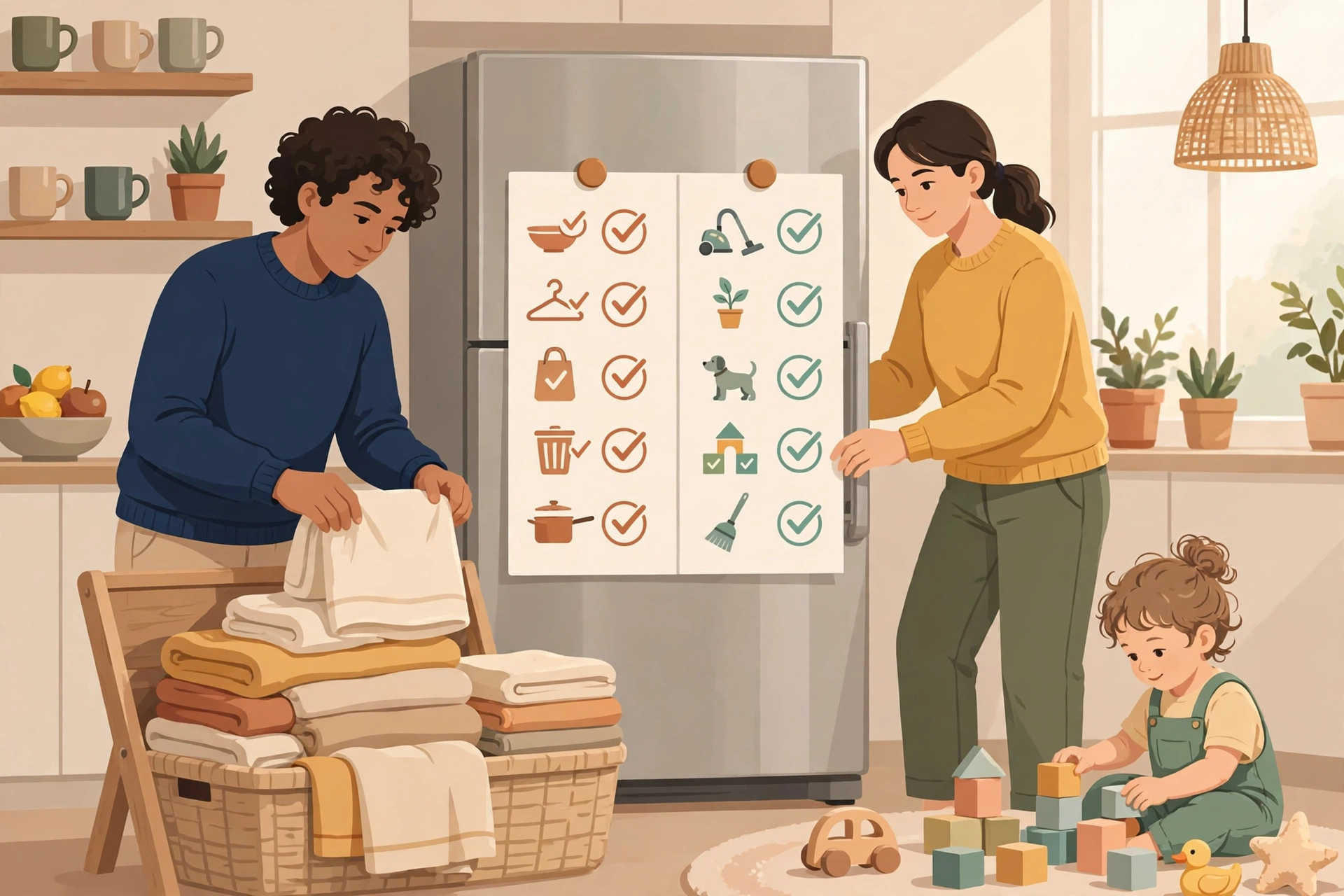 Illustration of a couple sharing household labor: one partner folding laundry beside a chore chart on the fridge while a child plays nearby