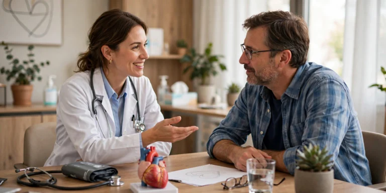 Doctor discussing heart health with a middle-aged patient in a medical office