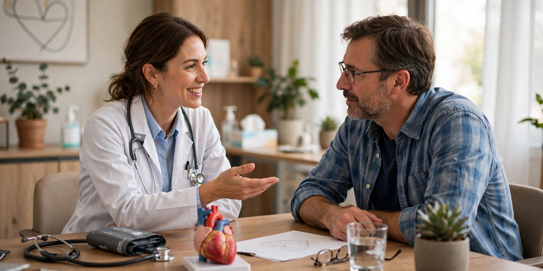 Doctor discussing heart health with a middle-aged patient in a medical office