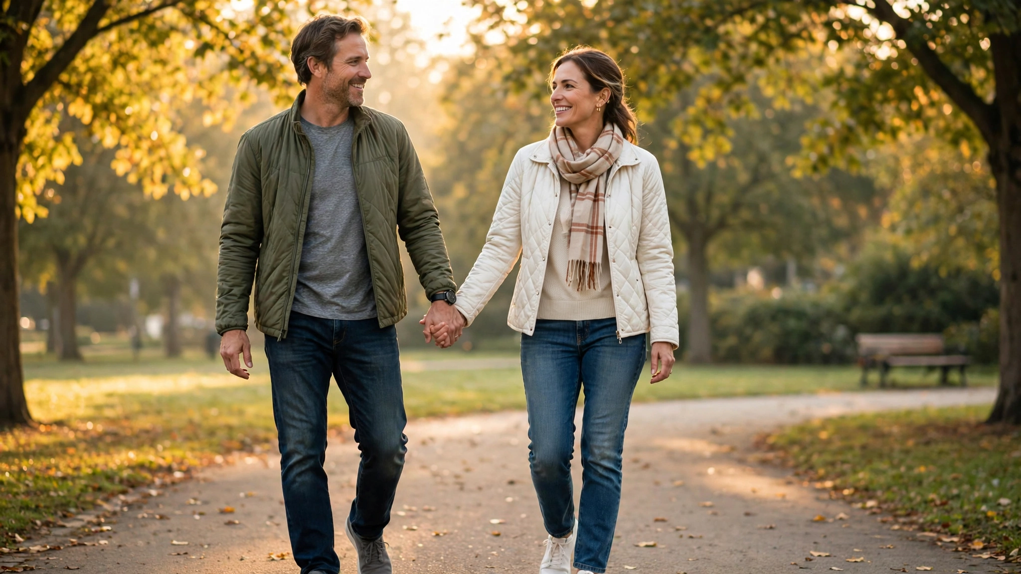 Couple in their 40s holding hands while walking in a sunny park