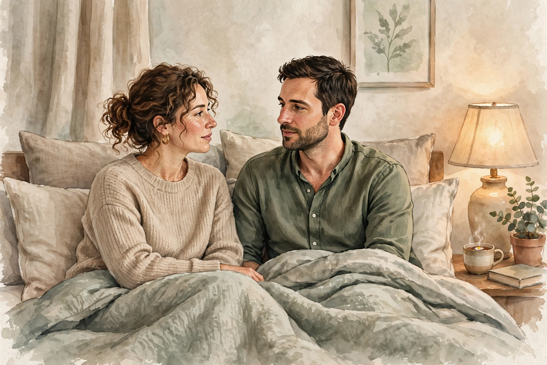 Tasteful watercolor illustration of a fully clothed couple sitting in bed talking calmly to each other, representing open communication during partnered edging